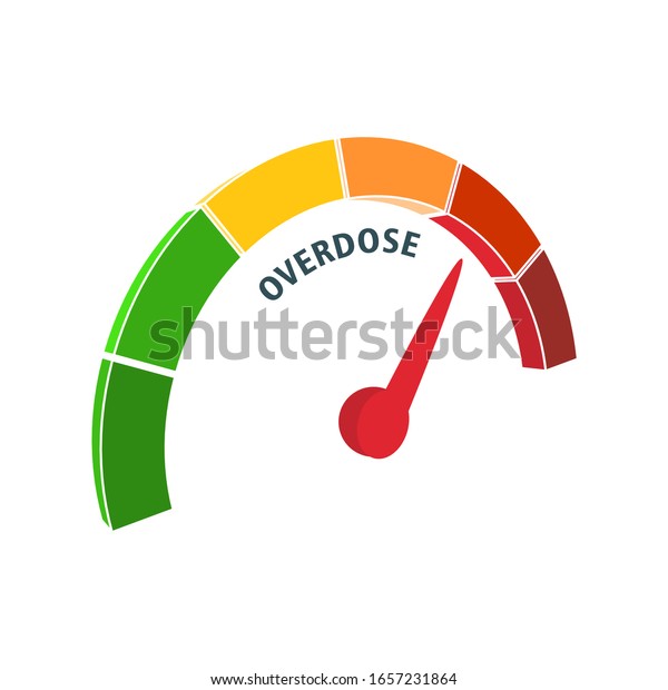 Color scale with arrow from red to green. The\
measuring device icon. Sign tachometer, speedometer, indicators.\
Illustration in isometric style. Colorful infographic gauge\
element. Overdose text