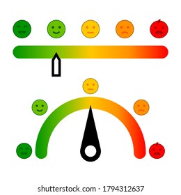 Color scale with arrow. Set scale. Different emotions art design from red to green. Progress bar template.