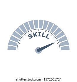 Color scale with arrow. The skill level measuring device icon. Sign tachometer, speedometer, indicators. Infographic gauge element.