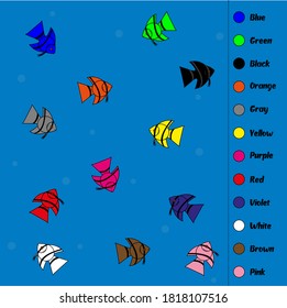 Color scale with color name. Children are learning. Learning the color theme and increasing vocabulary. Multicolored fish on a blue background. Vector illustration. EPS 10.