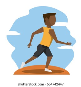 color scene with faceless brunette runner man