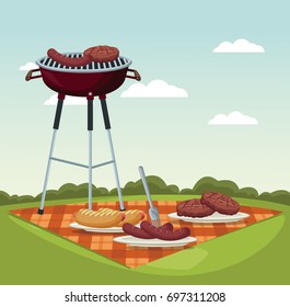 color scene landscape of tablecloth picnic and grill barbecue in grass