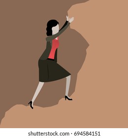color scene rock landscape with businesswoman trying to climb a stone vector illustration