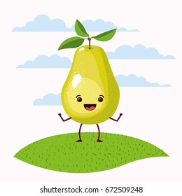 color scene set sky landscape and grass with cartoon expressive pear fruit kawaii standing vector illustration
