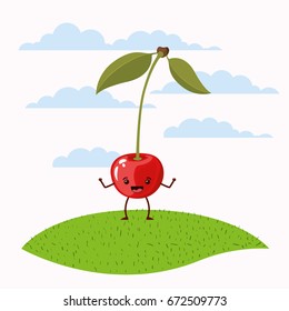 color scene set sky landscape and grass with cartoon expressive cherry fruit kawaii standing vector illustration