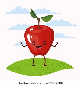 color scene set sky landscape and grass with cartoon expressive apple fruit kawaii standing vector illustration