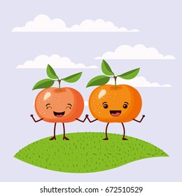color scene set sky landscape and grass with couple expressive gesture tangerines fruits kawaii holding hands vector illustration