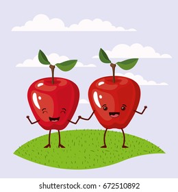 color scene set sky landscape and grass with couple expressive gesture apples fruits kawaii holding hands vector illustration