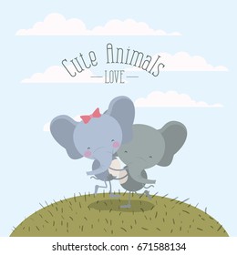 color scene sky landscape and grass with couple of elephants one carrying the other cute animals love vector illustration