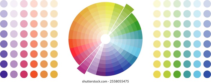 Color scheme with a circle in the center, color palette of flowers and their shades isolated on a white background. Vector, designer illustration. Vector.