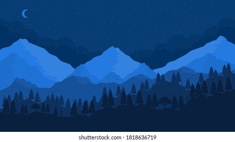 Color scheme vector mountains with cloud. Minimalistic vector landscape with bright sun for your design. Magical hill silhouette background.