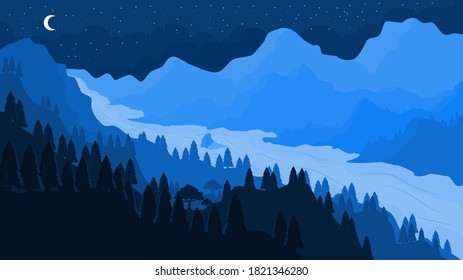 Color scheme vector mountains with cloud. Minimalistic vector landscape with bright sun for your design. Magical hill silhouette background.