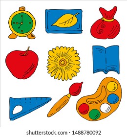Color school set. Alarm clock, apple, flower and pouch. Album, copybook, paints, brushes and rulers.