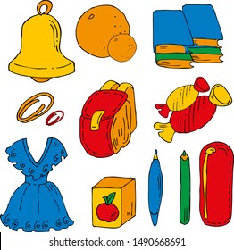 Color school set. A bell and an apron, a backpack and books, a pencil case, a pen and a pencil. Oranges, juice and sweets.