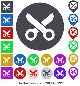 Color scissor icon, button, symbol set. Square, circle and pin versions.