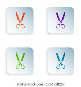 Color Scissors icon isolated on white background. Cutting tool sign. Set colorful icons in square buttons. Vector Illustration