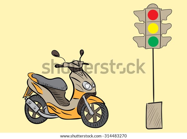 The color scooter\
and the traffic light 
