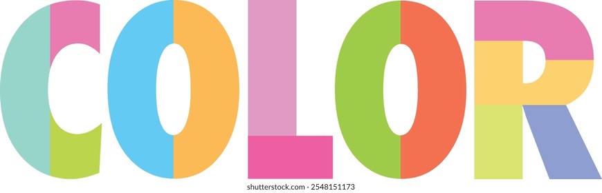 color script text lettering many pastel color, color words vector illustration, isolated on white background.