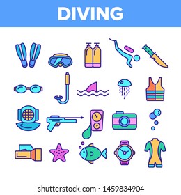 Color Scuba Diving Equipment Vector Linear Icons Set. Summer Vacation, Diving Water Sport Outline Cliparts. Active Sea Holiday Pictograms Collection. Extreme Activity, Snorkeling Illustration