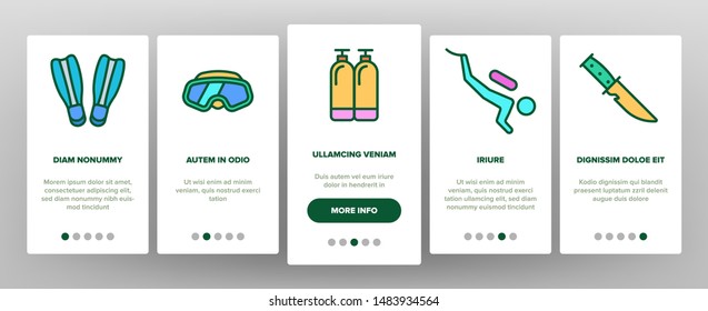 Color Scuba Diving Equipment Vector Onboarding Mobile App Page Screen. Summer Vacation, Diving Water Sport Outline Cliparts. Active Sea Holiday. Extreme Activity, Snorkeling Illustration
