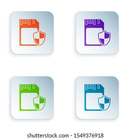 Color SD card and shield icon isolated on white background. Memory card. Adapter icon. Security, safety, protection, privacy concept. Set icons in colorful square buttons. Vector Illustration