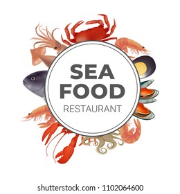 Color seafood set menu hand drawn vector illustrations