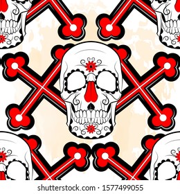 color seamless background in muted tones depicting a human skull on a background of crosses with textured background