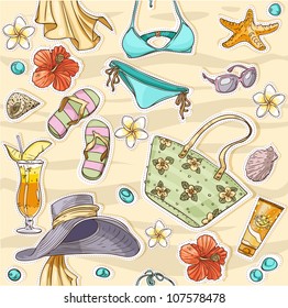 color seamless background on a beach theme - goggles, a swimsuit, clams