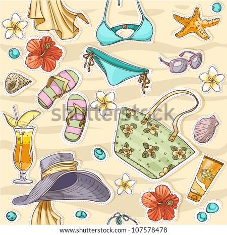 color seamless background on a beach theme - goggles, a swimsuit, clams
