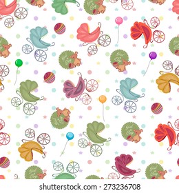 Color seamless children background of colored stars, circles, different strollers, toys, balloons. Baby seamless sets.