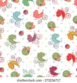 Color seamless children background of colored stars, circles, different strollers, toys. Baby seamless sets.
