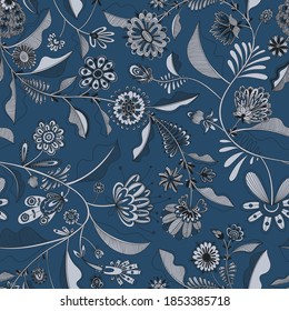 Color seamless decorative pattern with flowers and butterflies with many small elements. Complex hand-drawn authentic illustration. Beautiful vector pattern.
