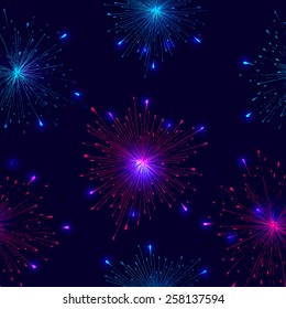 Color seamless fireworks hand drawn vector dark blue background, design template for Corporate, Media, Technology style. night disco design