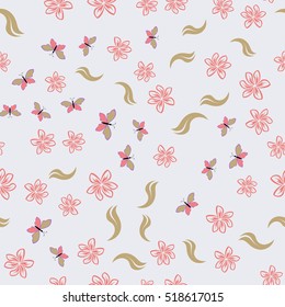 Color seamless floral pattern with flowers and butterfly. Vector illustration