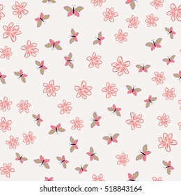 Color seamless floral pattern with flowers and butterfly. Vector illustration