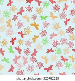 Color seamless floral pattern with flowers and butterfly. Vector illustration