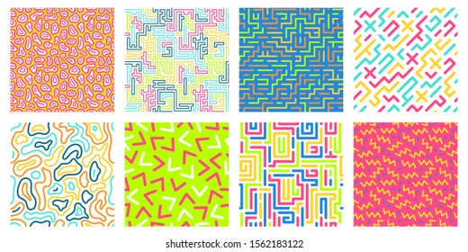 Color seamless geometric pattern. Colorful maze pattern, memphis style texture and 80s fashion design patterns. Pop 90s abstract colorful retro posters. Isolated vector icons set