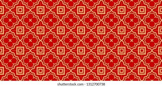 Color Seamless Lace Pattern With Abstract Geometric . Stylish Fashion Design Background For Invitation Card. Illustration. Gold red color.
