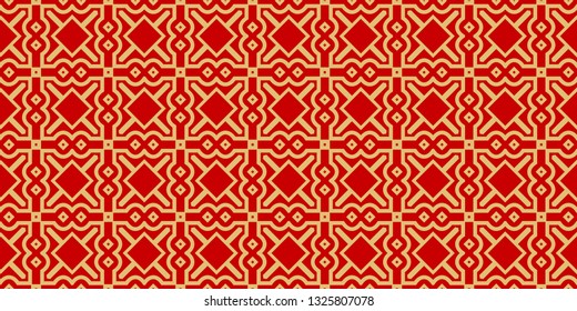 Color Seamless Lace Pattern With Abstract Geometric . Stylish Fashion Design Background For Invitation Card. Illustration. Gold red color.