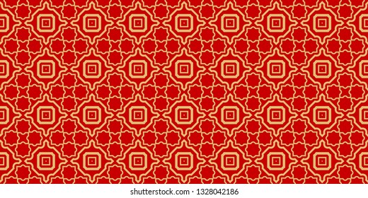 Color Seamless Lace Pattern With Abstract Geometric . Stylish Fashion Design Background For Invitation Card. Illustration. Gold red color.