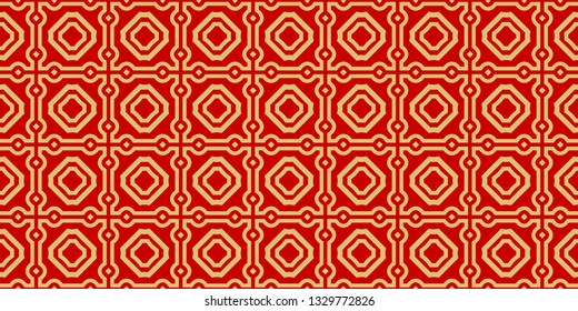 Color Seamless Lace Pattern With Abstract Geometric . Stylish Fashion Design Background For Invitation Card. Illustration. Gold red color.