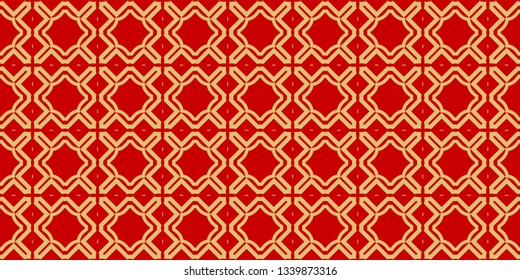 Color Seamless Lace Pattern With Abstract Geometric . Stylish Fashion Design Background For Invitation Card. Illustration. Gold red color.