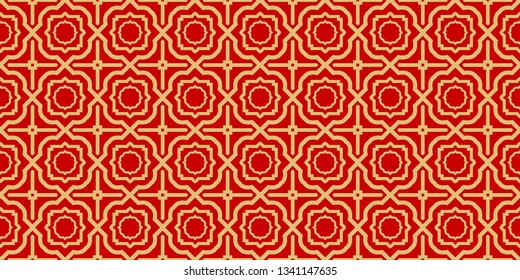 Color Seamless Lace Pattern With Abstract Geometric . Stylish Fashion Design Background For Invitation Card. Illustration. Gold red color.