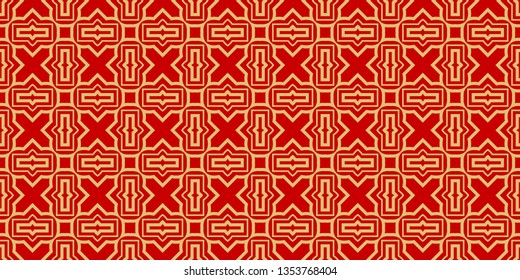 Color Seamless Lace Pattern With Abstract Geometric . Stylish Fashion Design Background For Invitation Card. Illustration. Gold red color.