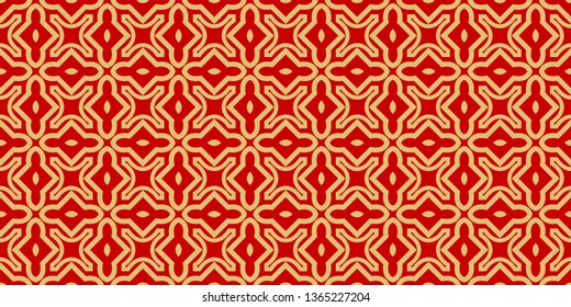 Color Seamless Lace Pattern With Abstract Geometric . Stylish Fashion Design Background For Invitation Card. Illustration. Gold red color.