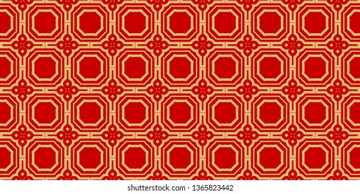 Color Seamless Lace Pattern With Abstract Geometric . Stylish Fashion Design Background For Invitation Card. Illustration. Gold red color.