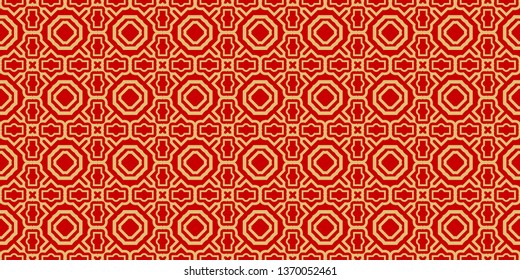 Color Seamless Lace Pattern With Abstract Geometric . Stylish Fashion Design Background For Invitation Card. Illustration. Gold red color.