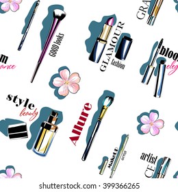 Color Seamless Makeup tools pattern for background or fashion wallpaper. Vector design illustration.