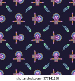 color seamless pattern with aztec totem and feather