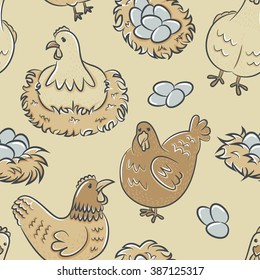 Color seamless pattern with beauty hens and eggs